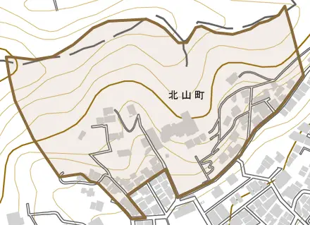 北山町とその周辺の地図。町の範囲を重ねている