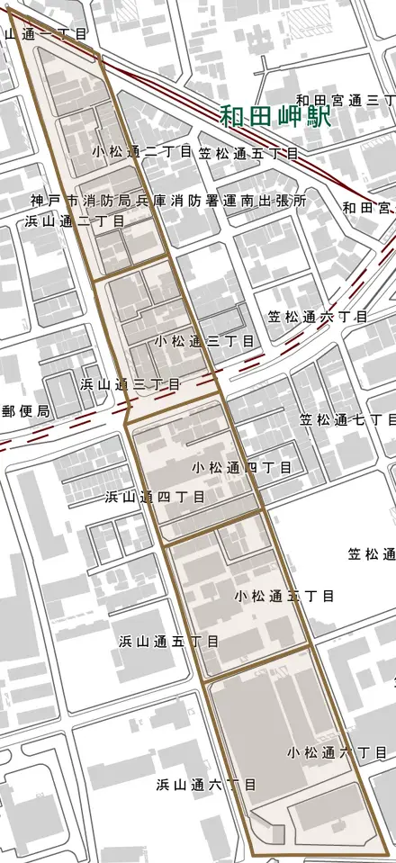 小松通とその周辺の地図。町の範囲を重ねている