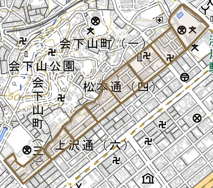 松本通とその周辺の地図。町の範囲を重ねている