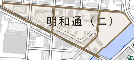 明和通とその周辺の地図。町の範囲を重ねている