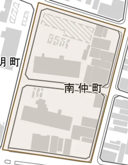 南仲町とその周辺の地図。町の範囲を重ねている