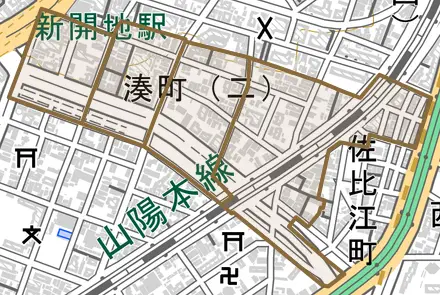 湊町とその周辺の地図。町の範囲を重ねている