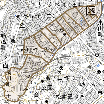 湊川町とその周辺の地図。町の範囲を重ねている