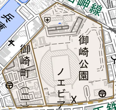 御崎町とその周辺の地図。町の範囲を重ねている