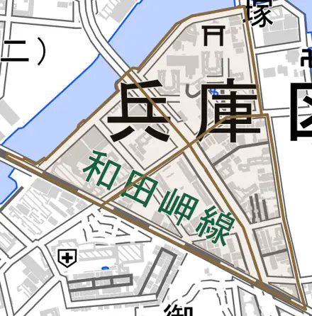 御崎本町とその周辺の地図。町の範囲を重ねている