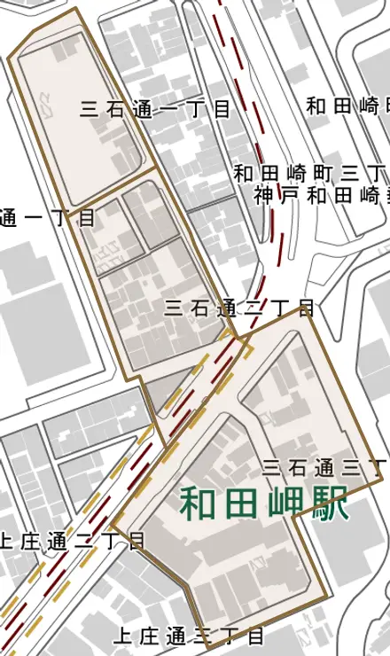 三石通とその周辺の地図。町の範囲を重ねている