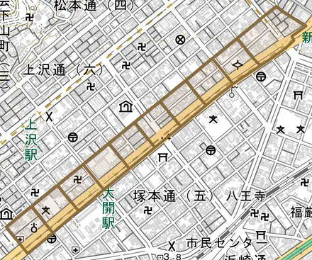 水木通とその周辺の地図。町の範囲を重ねている