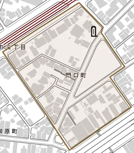 門口町とその周辺の地図。町の範囲を重ねている