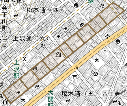 中道通とその周辺の地図。町の範囲を重ねている