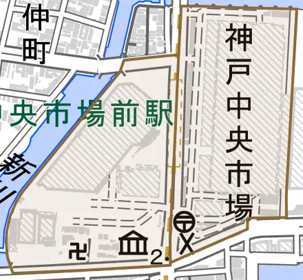 中之島とその周辺の地図。町の範囲を重ねている