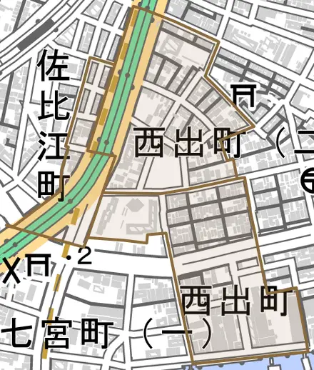 西出町とその周辺の地図。町の範囲を重ねている