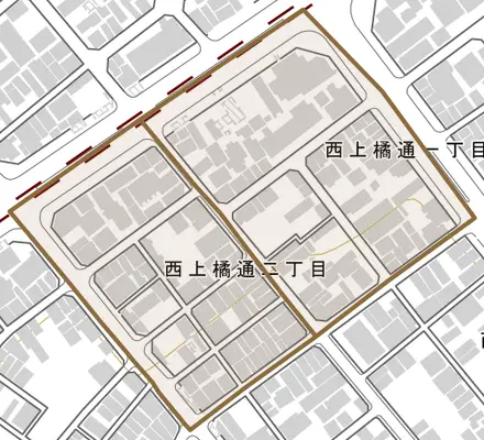 西上橘通とその周辺の地図。町の範囲を重ねている