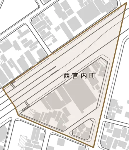西宮内町とその周辺の地図。町の範囲を重ねている