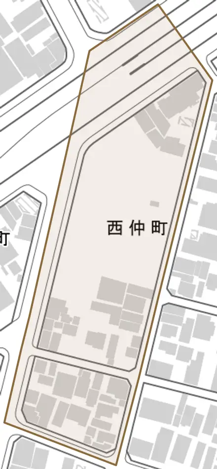 西仲町とその周辺の地図。町の範囲を重ねている