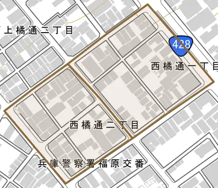 西橘通とその周辺の地図。町の範囲を重ねている