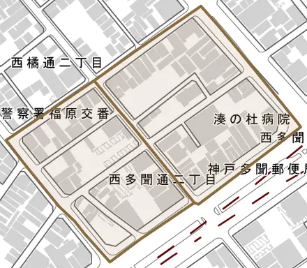 西多聞通とその周辺の地図。町の範囲を重ねている