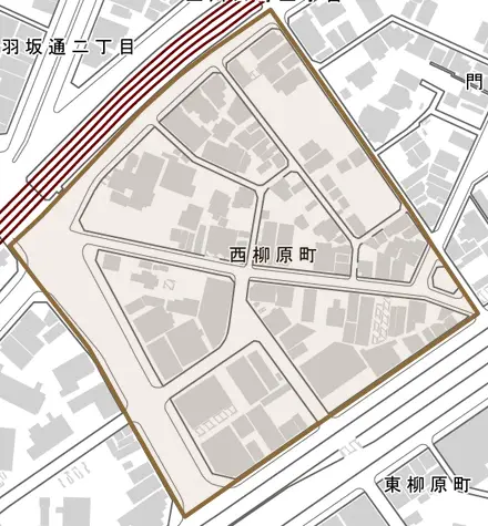 西柳原町とその周辺の地図。町の範囲を重ねている