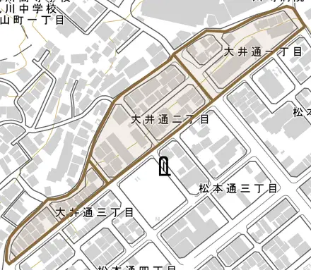大井通とその周辺の地図。町の範囲を重ねている