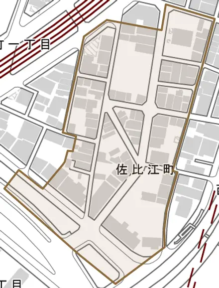 佐比江町とその周辺の地図。町の範囲を重ねている