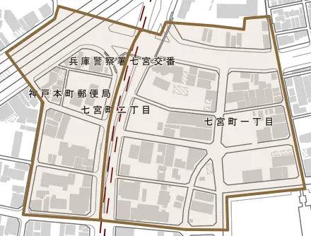 七宮町とその周辺の地図。町の範囲を重ねている