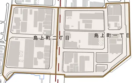 島上町とその周辺の地図。町の範囲を重ねている