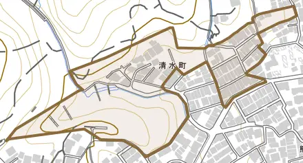清水町とその周辺の地図。町の範囲を重ねている