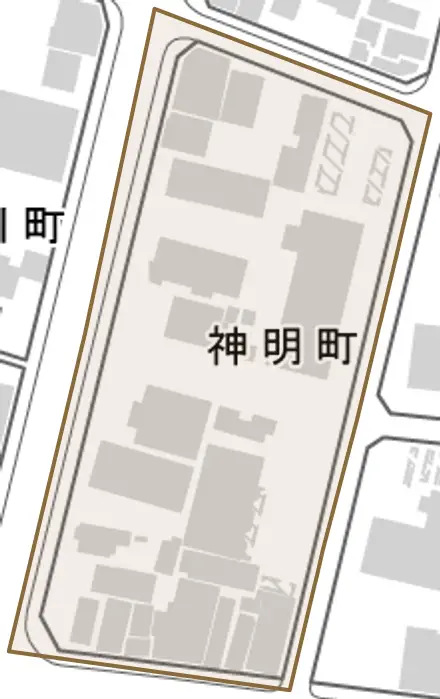 神明町とその周辺の地図。町の範囲を重ねている