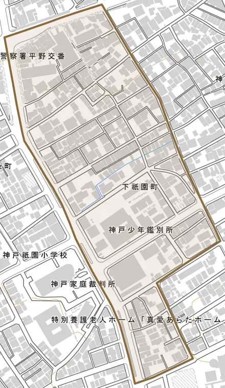 下祇園町とその周辺の地図。町の範囲を重ねている