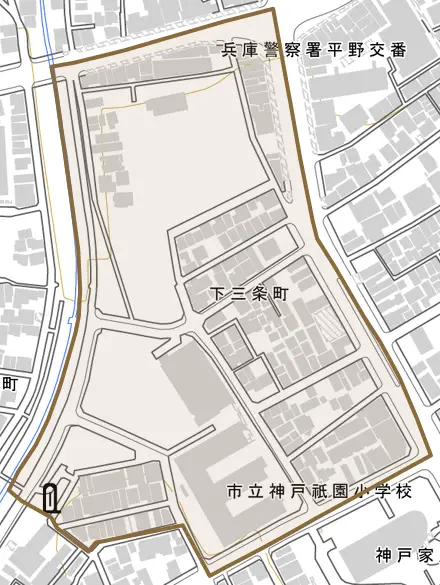 下三条町とその周辺の地図。町の範囲を重ねている
