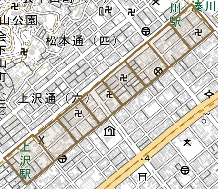下沢通とその周辺の地図。町の範囲を重ねている