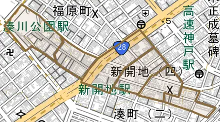 新開地とその周辺の地図。町の範囲を重ねている