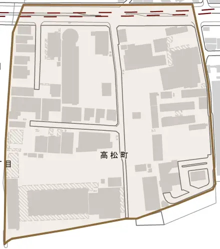 高松町とその周辺の地図。町の範囲を重ねている