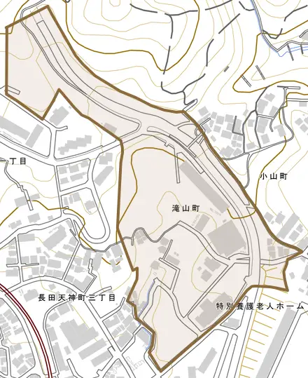 滝山町とその周辺の地図。町の範囲を重ねている