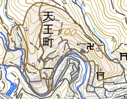 天王町とその周辺の地図。町の範囲を重ねている