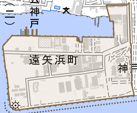 遠矢浜町とその周辺の地図。町の範囲を重ねている