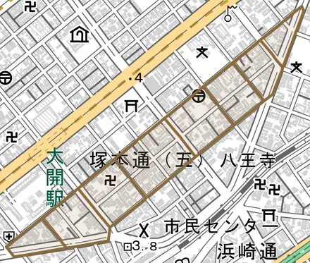 塚本通とその周辺の地図。町の範囲を重ねている