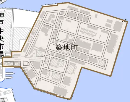 築地町とその周辺の地図。町の範囲を重ねている