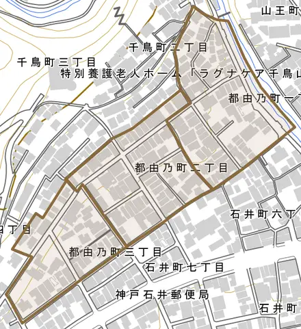 都由乃町とその周辺の地図。町の範囲を重ねている