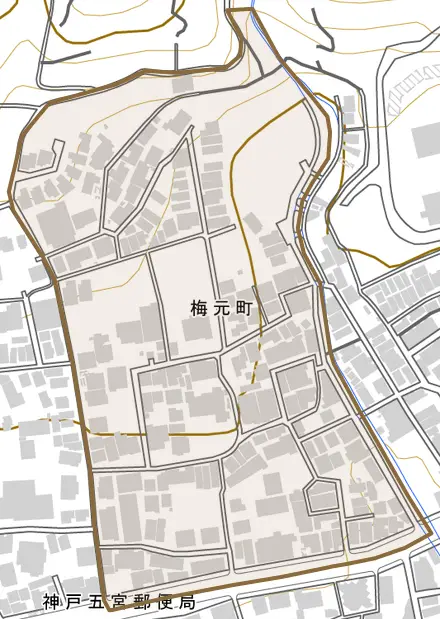 梅元町とその周辺の地図。町の範囲を重ねている