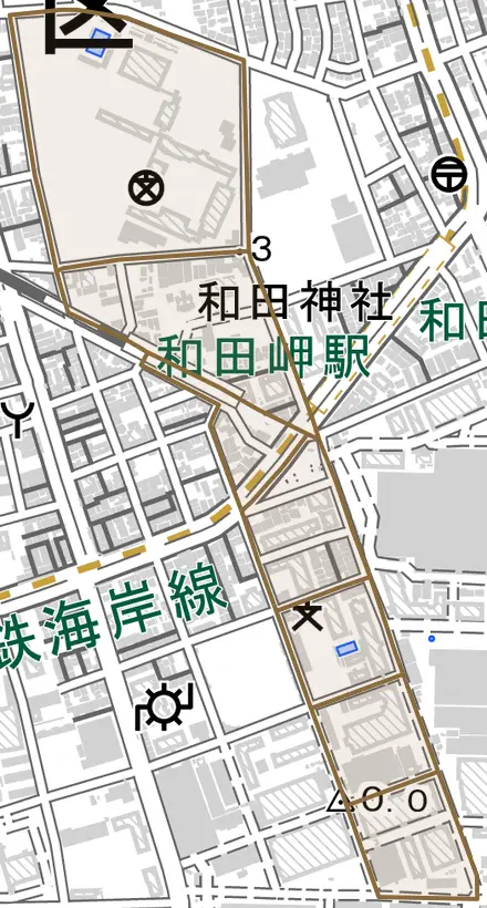 和田宮通とその周辺の地図。町の範囲を重ねている