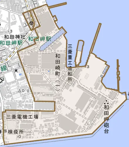 和田崎町とその周辺の地図。町の範囲を重ねている