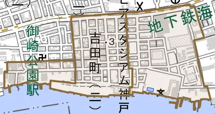 吉田町とその周辺の地図。町の範囲を重ねている