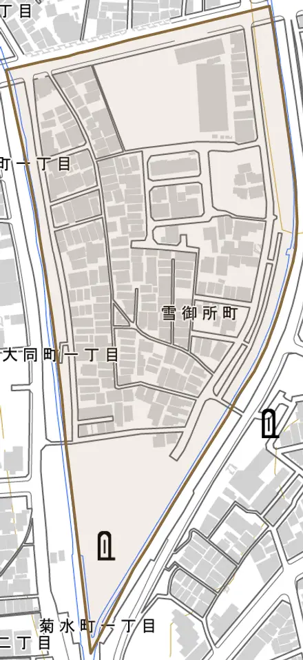雪御所町とその周辺の地図。町の範囲を重ねている