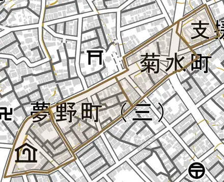 夢野町とその周辺の地図。町の範囲を重ねている
