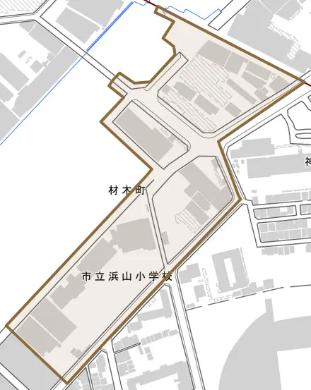 材木町とその周辺の地図。町の範囲を重ねている