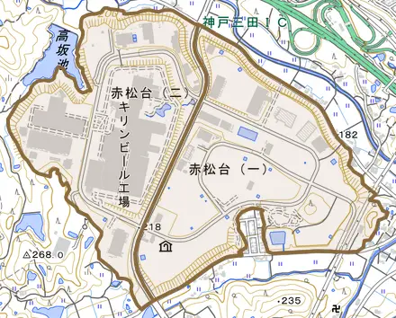 赤松台とその周辺の地図。町の範囲を重ねている