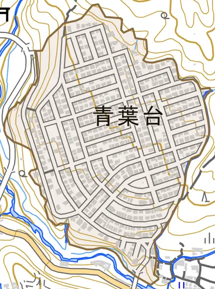 青葉台とその周辺の地図。町の範囲を重ねている