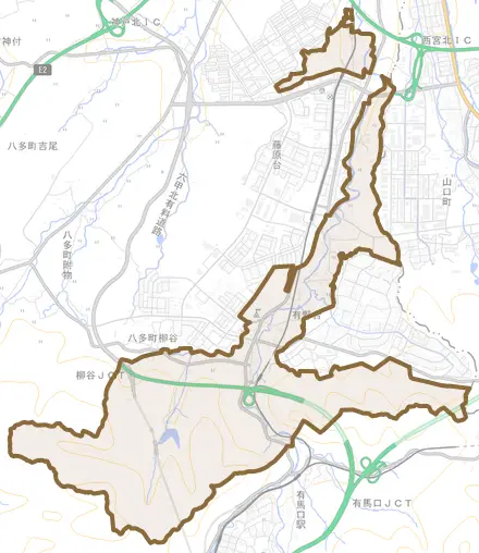 有野町有野とその周辺の地図。町の範囲を重ねている