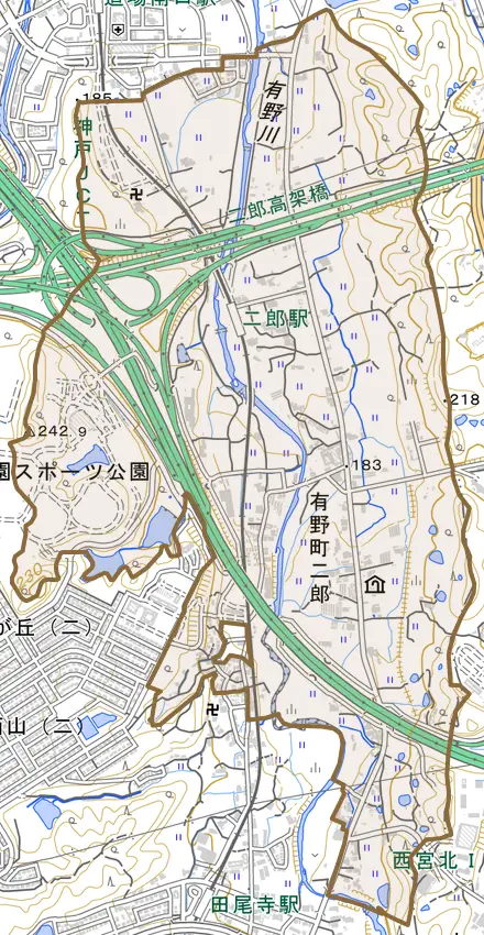 有野町二郎とその周辺の地図。町の範囲を重ねている