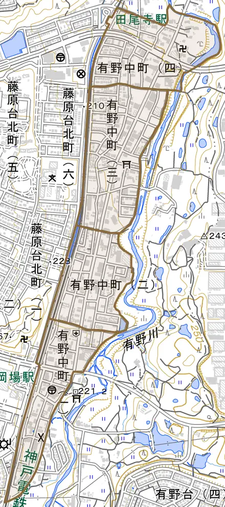 有野中町とその周辺の地図。町の範囲を重ねている